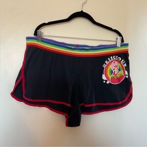 Black Strawberry Shortcake Short Shorts with Red Trim and Rainbow Band in Size 4